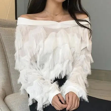 

Spring new fashion chiffon patchwork blouse temperament fringe v-neck loose lantern sleeve shirt women