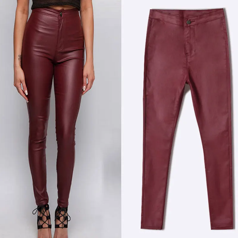 Джинсы женские винно красные зауженные из искусственной кожи|pencil pants|brand pantspants brand