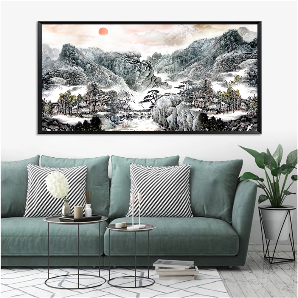 

Canvas Big Size Chinese Landscape Painting Scenery Living Room Bedroom Home Decor Mountain Water Posters and Prints Cuadros