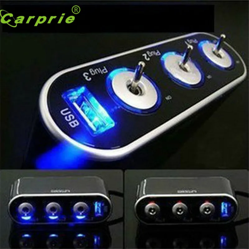 

Auto car-styling car styling 3 Way Triple Car Cigarette Lighter Socket Splitter 12V/24V +USB+LED Light Switch Aux Auto