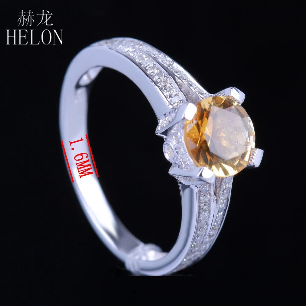 HELON Solid 14 K(585) белое золото безупречный 6,5 мм круглый настоящий цитрин натуральный бриллиантовый камень обручальное свадебное Ювелирное кольцо