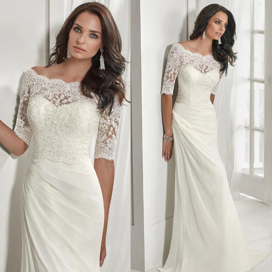 

Chic Off-the-shoulder Neckline Mermaid Wedding Dress with Beaded Lace Appliques Lace-up Back Pleat Chiffon Bridal Dress