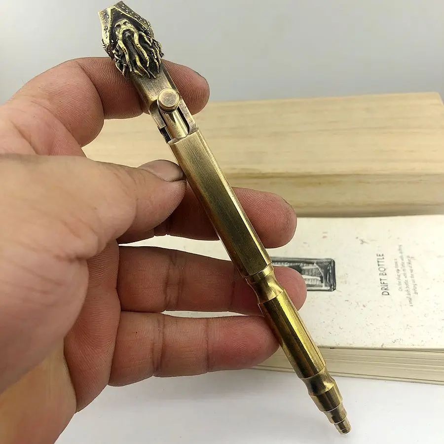

Outdoor Travel Kit Tools EDC Handmade Welding Brass Davy Jones Creative Retro Bolt Type Defense Tactical Ballpoint Pen