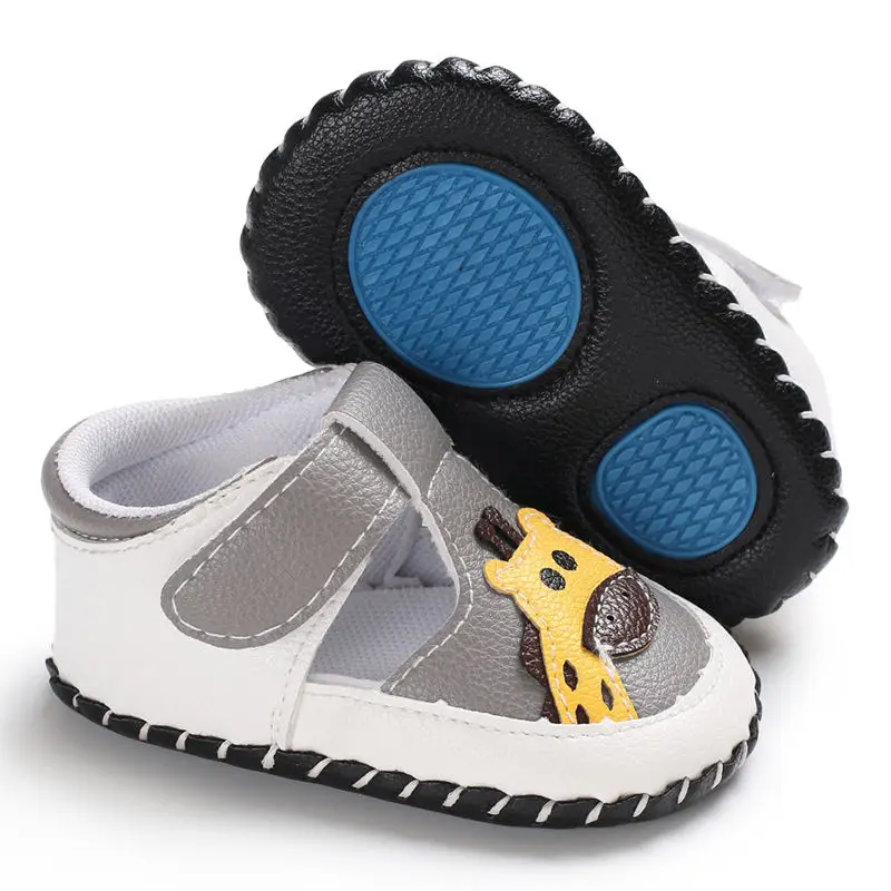 Обувь для новорожденных девочек; обувь для первых шагов для мальчиков; обувь для малышей с принтом слона и жирафа; нескользящая Мягкая Обувь для первых шагов; обувь из искусственной кожи для детей 0-18 месяцев