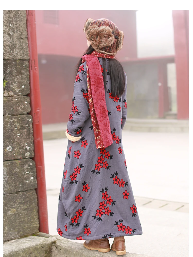 LZJN Women's Chinese-Style Floral Embroidered Trench Coat, Maxi Loose Overcoat, Windproof Fleece Jacket, for Autumn and Winter