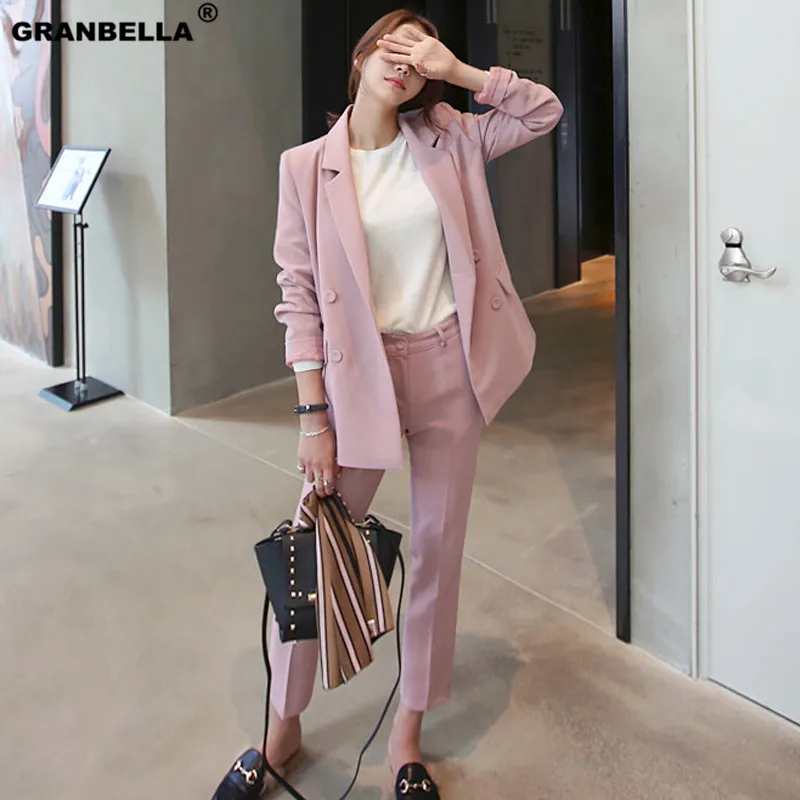 Весна, корейский женский розовый Роскошный Блейзер, брючный костюм, Классическая Повседневная Верхняя одежда, брюки длиной до щиколотки, женские костюмы, комплект из 2 предметов - Цвет: Розовый