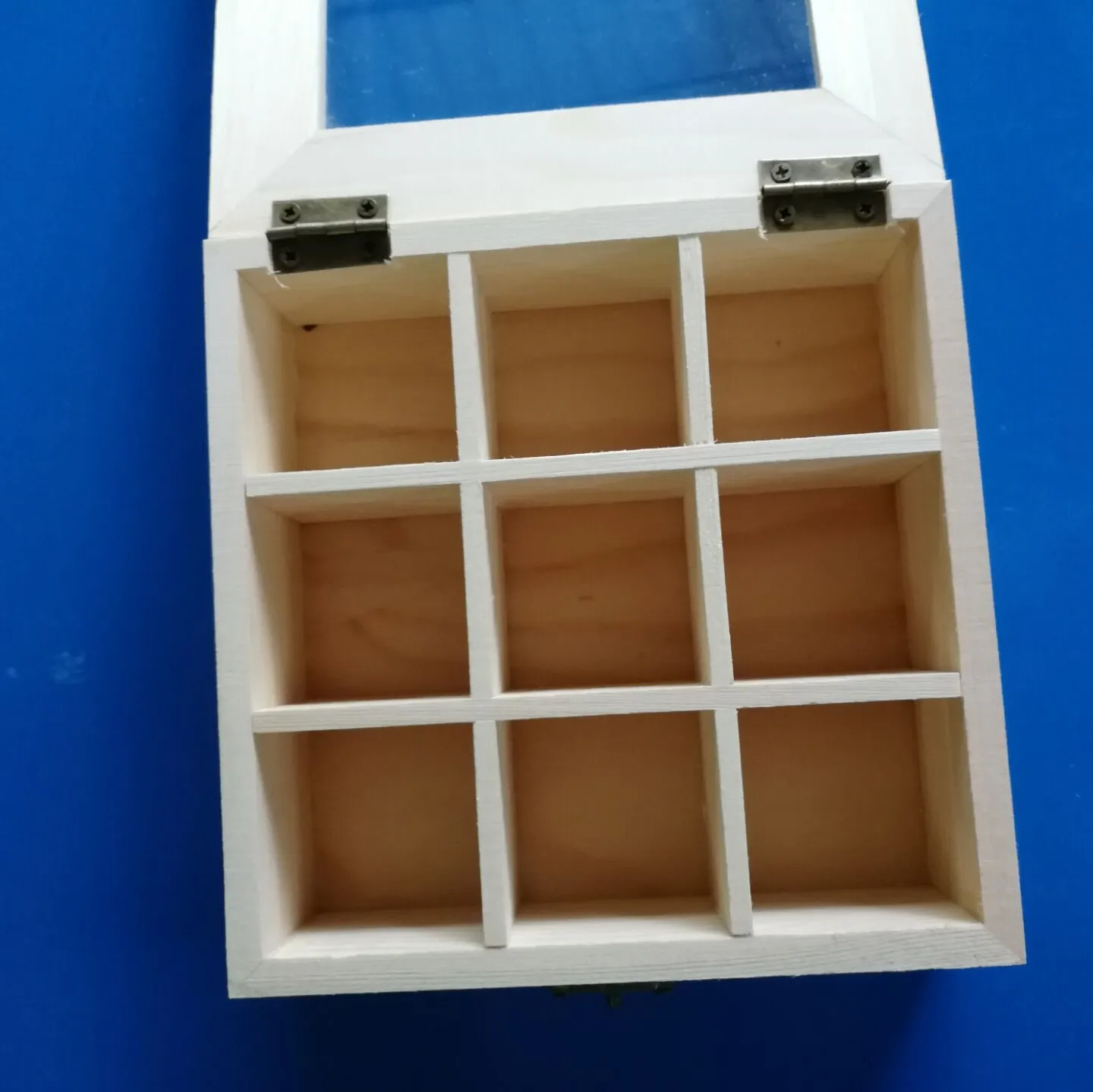 JX-LCLYL New 9 Compartments Vintage Wooden Jewelry Box Glass Top Storage Container Gift