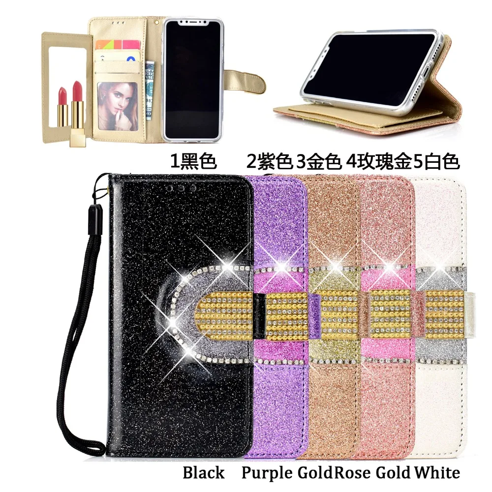 

Flicker powder leather and Cosmetic mirror flip wallet phone Case for Samsung J3 J5 J7 J4 J6 J8 EU US2017 2018 NOTE9 phone cover