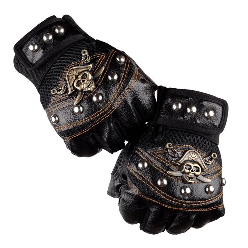 Модные мужские перчатки для верховой езды Пираты Карибский Капитан аксессуары в форме черепа перчатки на полпальца заклепки дышащие спортивные перчатки