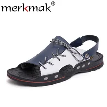 Merkmak/летние сандалии в римском стиле; Мужские Повседневные Дышащие шлепанцы смешанных цветов; кожаные шлепанцы на плоской подошве; мужская пляжная обувь; большой размер 48