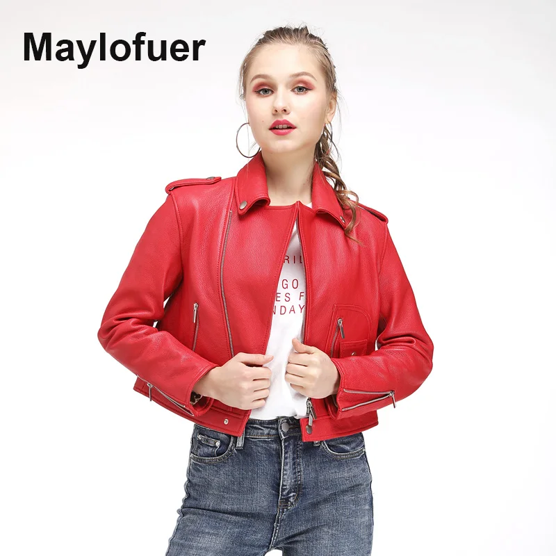 Maylofuer Genuine Leather Jacket Women Fashion Bright Colors Black Motorcycle Coat Short Biker Jacket Soft Coats Female