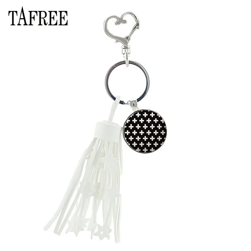 

TAFREE Tassel Heart Shape Clasps Key Ring Glass Cabochon Black White Geometric Pattern Glass Dome Pendant Keychain Gift A77