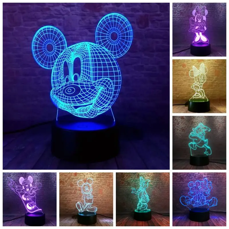 

Mickey Mouse Anime Figure 3D LED Desk Nightlight 7 Colors Changing Sleep Light Minnie Mouse Cartoon Figuras Light-up Toys Kids
