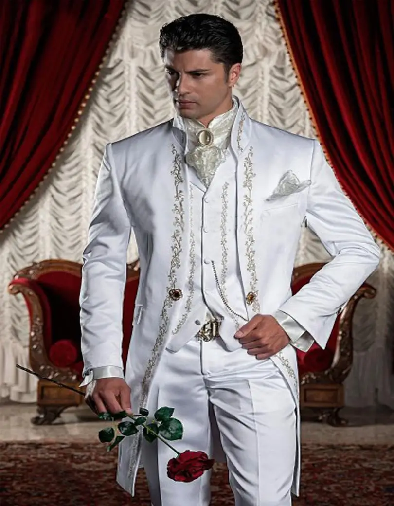 Custom Made White Embroidery Groom Tuxedos Stand Collar Groomsmen Blazer Man Wedding Suits ...