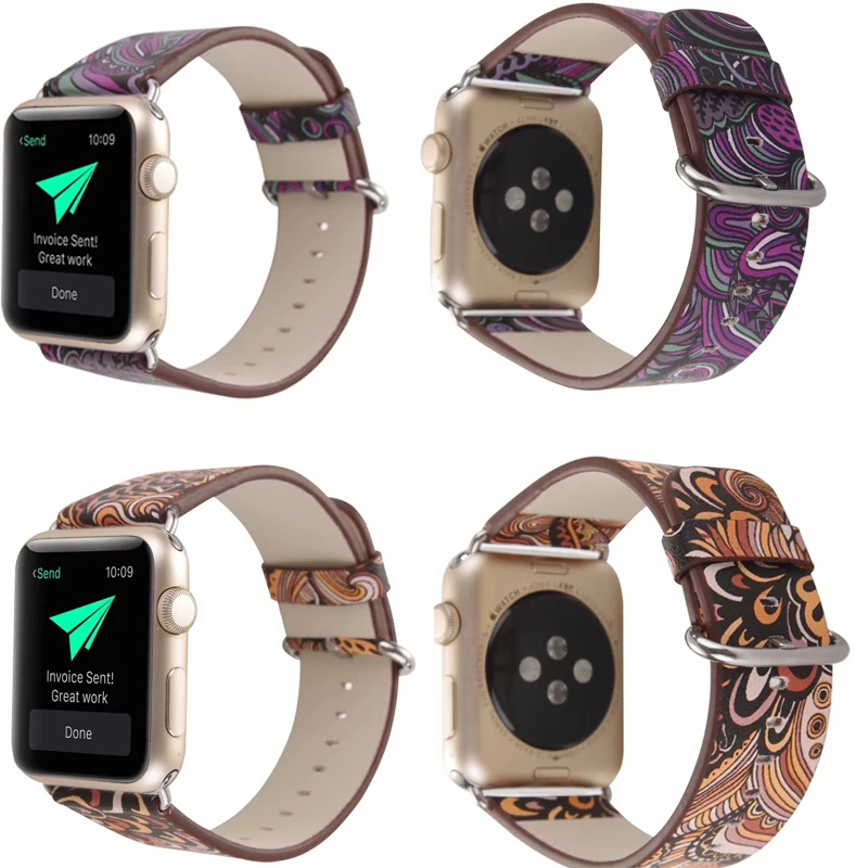 

straps For Apple Watch Leather Band 38mm 40mm Series 4/3/2/1 Flower Prints Vintage Floral National Folk Style Design 44mm 42mm