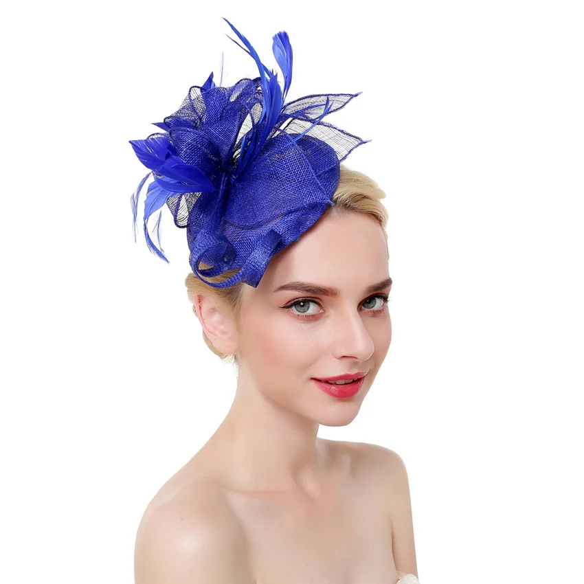 WELROG Модные женские винтажные перьевые восхитительный головной убор шляпа романтическая заколка для волос Твердые сетчатые ленты вечерние аксессуары для волос - Цвет: Синий