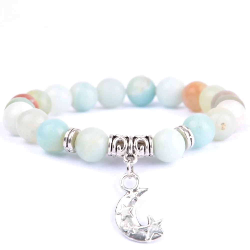 

Natural Stone Amazonite Beads Buddha Bracelet Silvers Plated Moon Charm Bracelets & Bangles For Women Men Yoga Mala Jewelry
