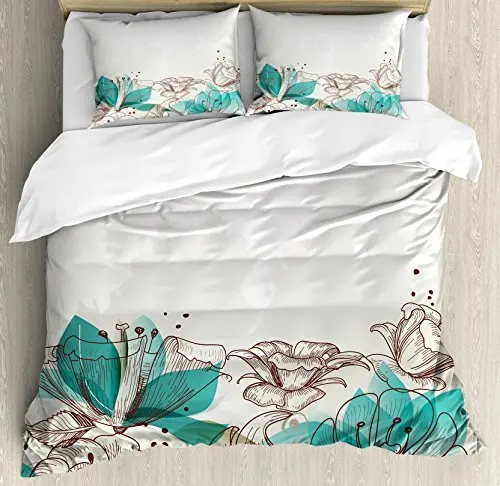 Turquoise Duvet Cover Set Retro Floral Background With Hibiscus