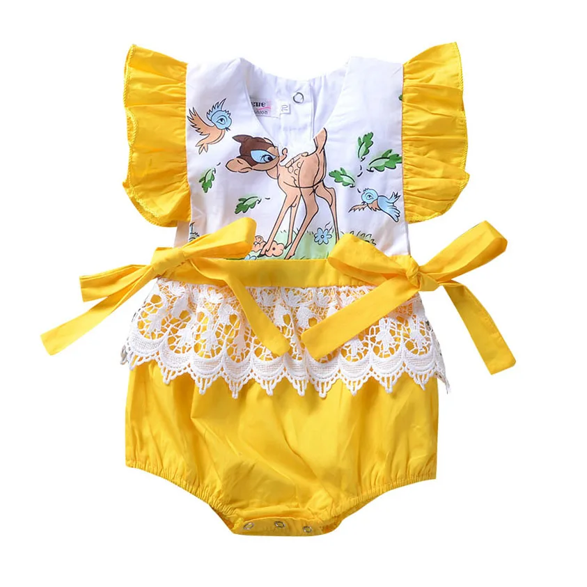 

Infant Baby Kleding Toddler Yollow Butterfly Sleeve Print Bow Romper Lace Cartoon Deer Jumpsuit Baby Girls Clothes