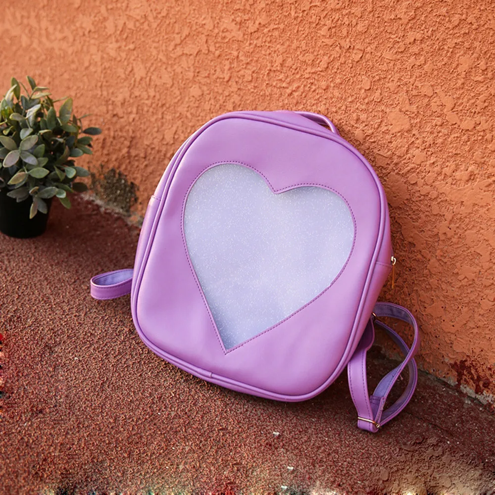 Candy Color PU Leather Ita Bag DIY Transparent Love Heart Shape Backpack Kawaii Harajuku Schoolbags For Teenage Girls#L10