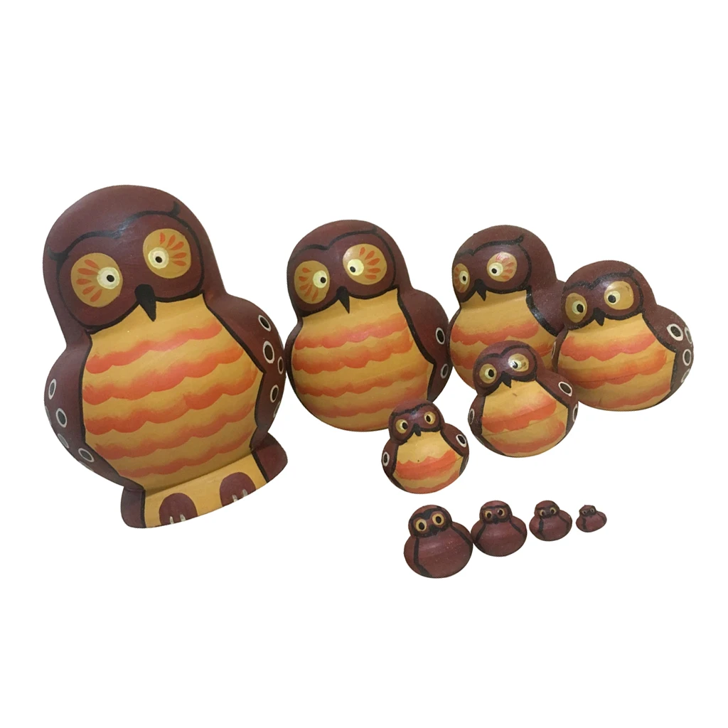 10 PCS Cute Cartoon Owl Pattern Handmade Wooden Russian Nesting Dolls For Kids Toy