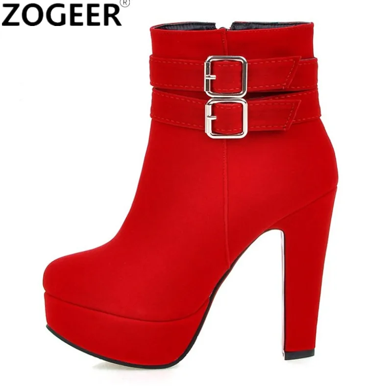 

Plus size 48 New Winter Fashion Women Ankle Boots High Heels Motorcycle Boots Platform Black Red Flock Round Toe Shoes Woman