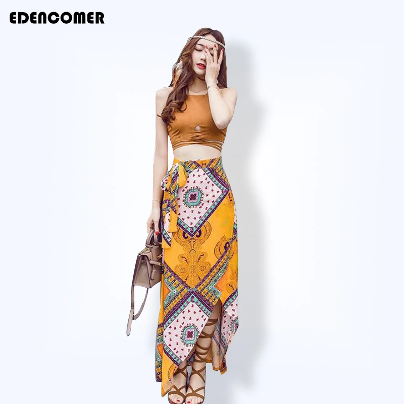

Bohemian Costumes for Women 2017 Women's Sets Summer Beach Long Skirt Suede Crop Top Bohemia Female Clothing Print Two Piece Set