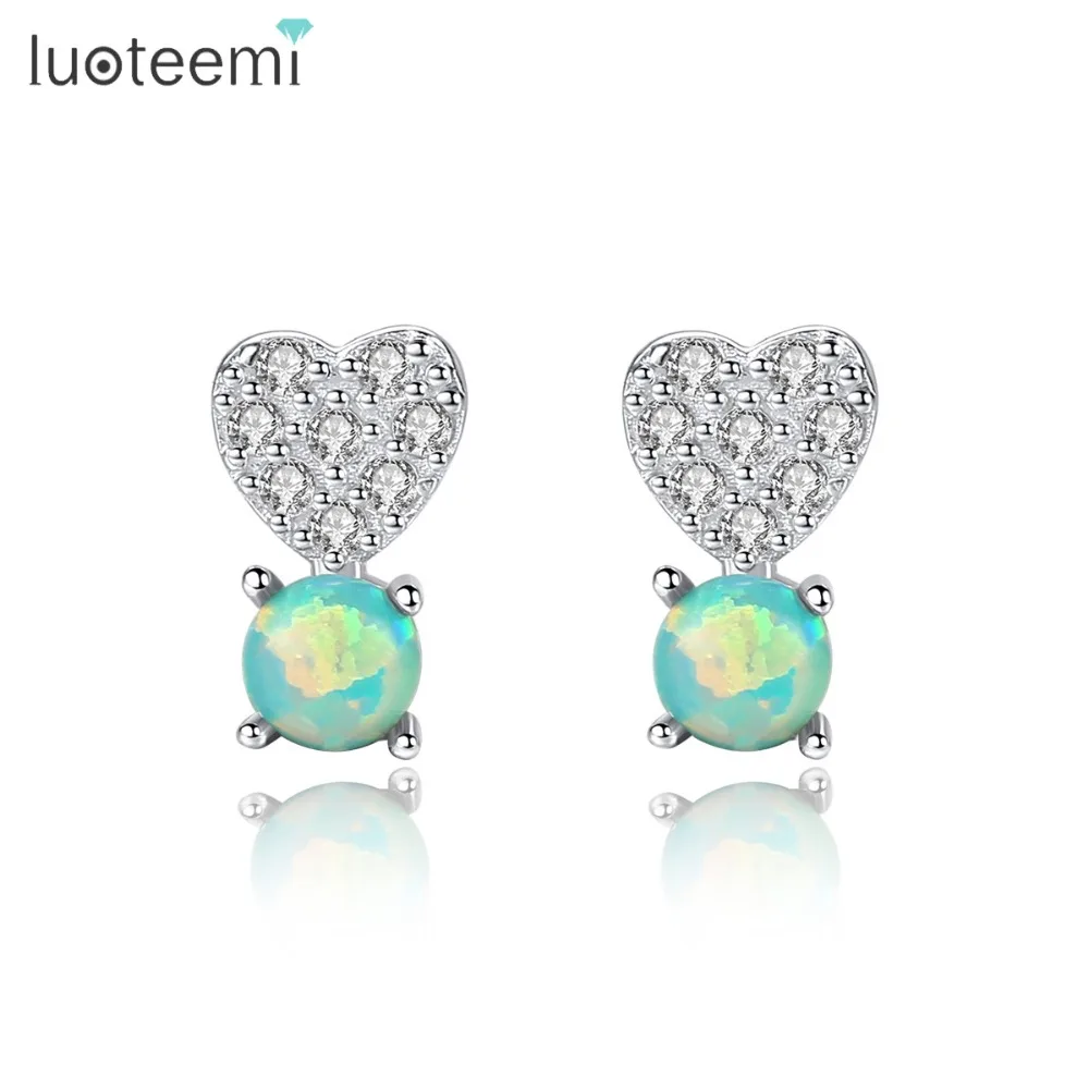 

LUOTEEMI Small 925 Sterling Silver Heart Stud Earrings for Girl Dating with Tiny CZ Opal Engagement Earrings Jewelry Bijoux Gift