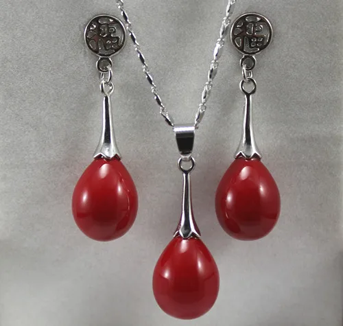 

hot sell new - 2 colors wholesale noble 12*16mm red \pink water drop shell pearl pendant & fu lucky earring jewelry set 003