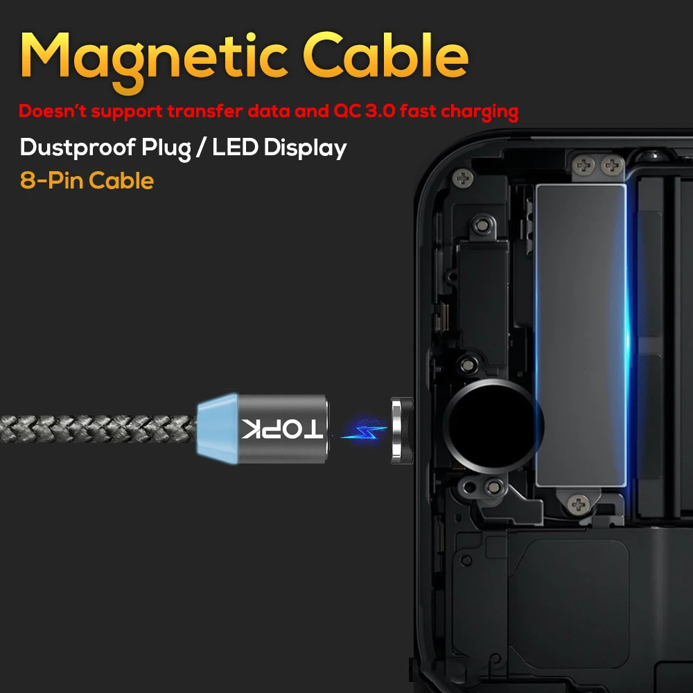 TOPK R-Line1 LED كابل مغناطيسي ل فون X 8 7 6 زائد المصغّر USB كابل و USB نوع-C كابل المغناطيس كابلات الهاتف نوع C USB C رمادي