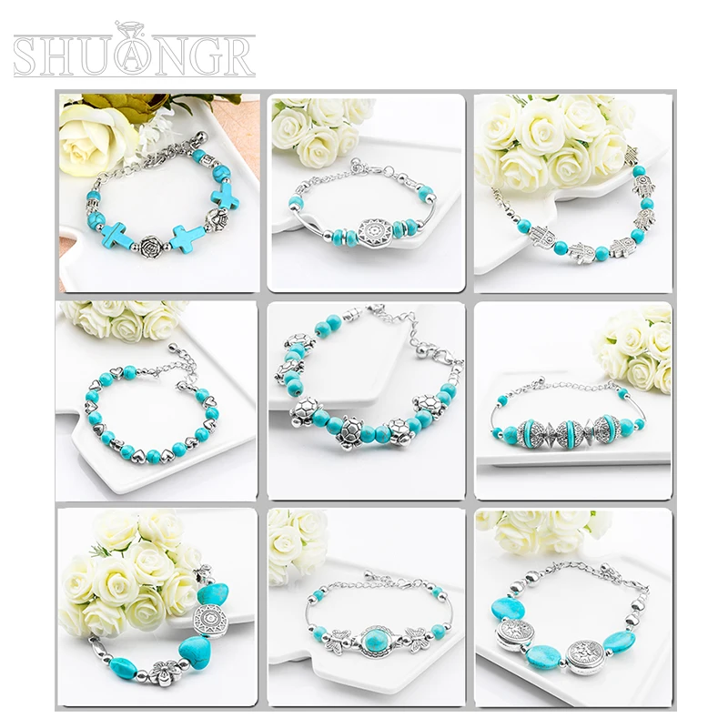 

SHUANGR Boho Turquoises Bracelets For Women Vintage Butterfly Turtle Bead Hand Pendant Charm Bracelet Bangle Fashion Jewelry
