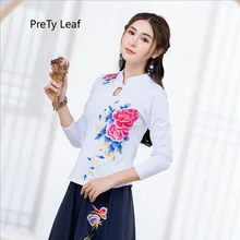 Г. осенние и зимние новые вышивка диск пряжка хлопок и лен свободные большие размеры футболка с длинными рукавами