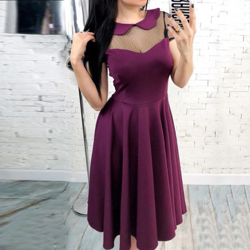 

Fashion Female Mesh Gauze Stitching Dresses Women Sexy Sheer Short Sleeve Swing Midi Dress Evening Party Skater Dress