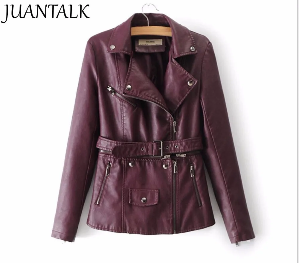 

2018 New Women Fashion Style Jacket Zipper Motorcycle Leather Jacket with waist Belt Slim PU Jacket women