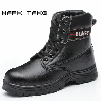 

men fashion black large size steel toe cap work safety warm plush cotton shoes soft leather platform fur winter snow ankle boots