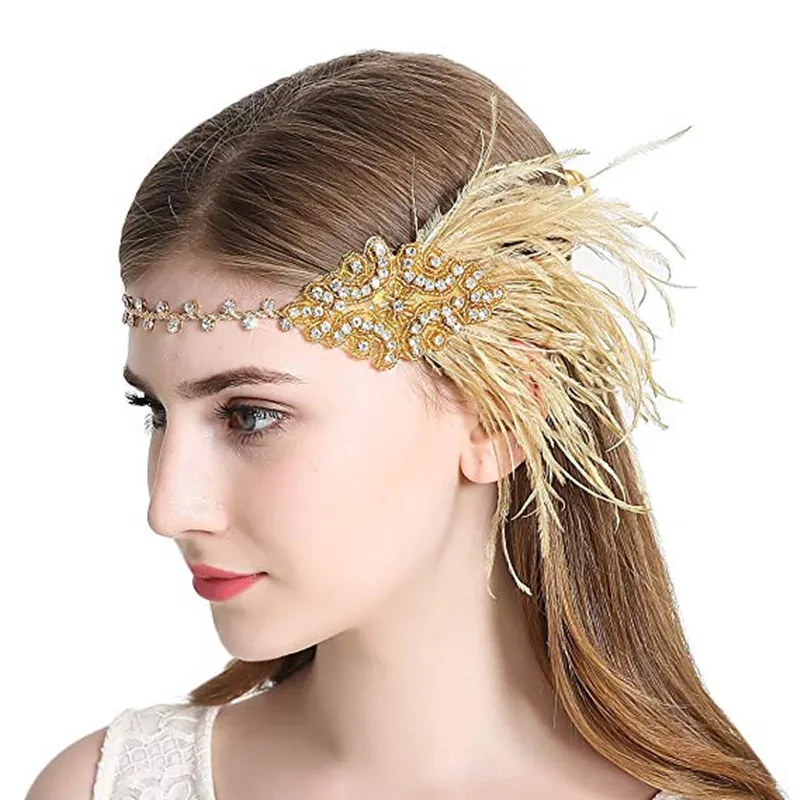 

Women's Gold Colour Vintage flapper costume party feather headbands Great Gatsby Headwrap Hair Band Accessories