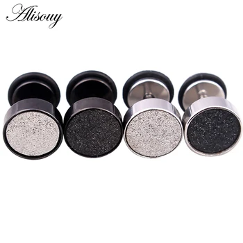 Alisouy Fashion Men's black silver 316L Stainless Steel Ear Studs Earrings 6/8/10mm Barbell Punk Gothic Piercing Jewelry for men