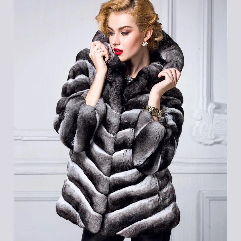 

Real fur coat women luxury chinchilla fur high-end fur coat with hood black velvet bunny fur free shipping New Phoenix 8855