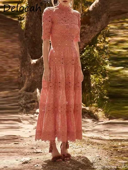 

Delocah Women Spring Summer Dress Runway Fashion Designer Hollow Out Floral Embroidery Holidays Party Midi Elegant Lace Dress