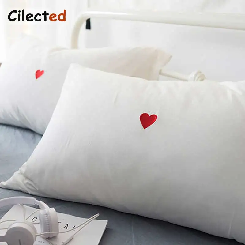 

Cilected White Cotton Pillowcase Bedding For Couple Red Heart Embroidery Pillow Cover Bedroom Valentines Day Gift For Him Her