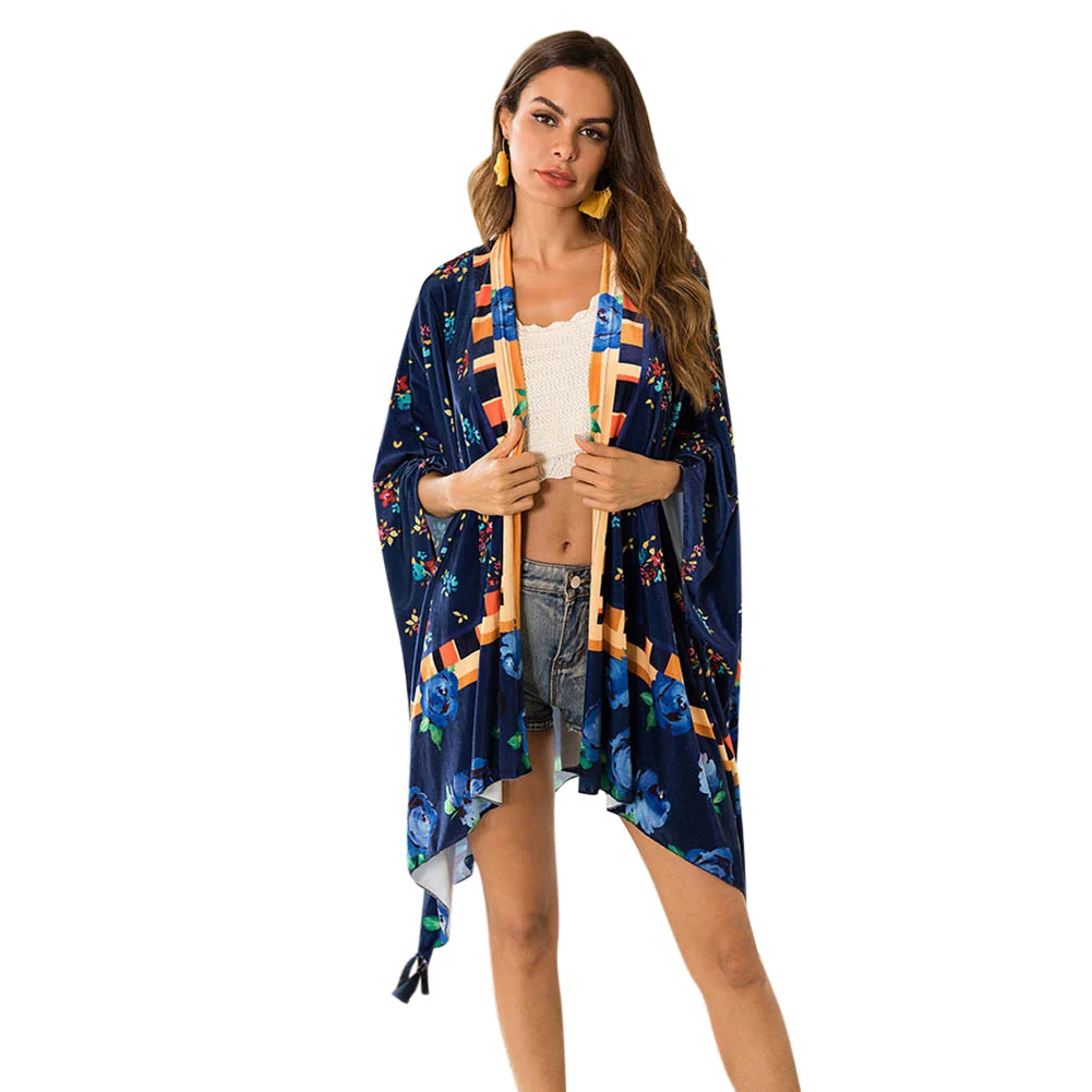 

New Hot Women Boho Floral Printed Velvet Kimono Cardigan Fringe Velvet Shawls Wraps YAA99