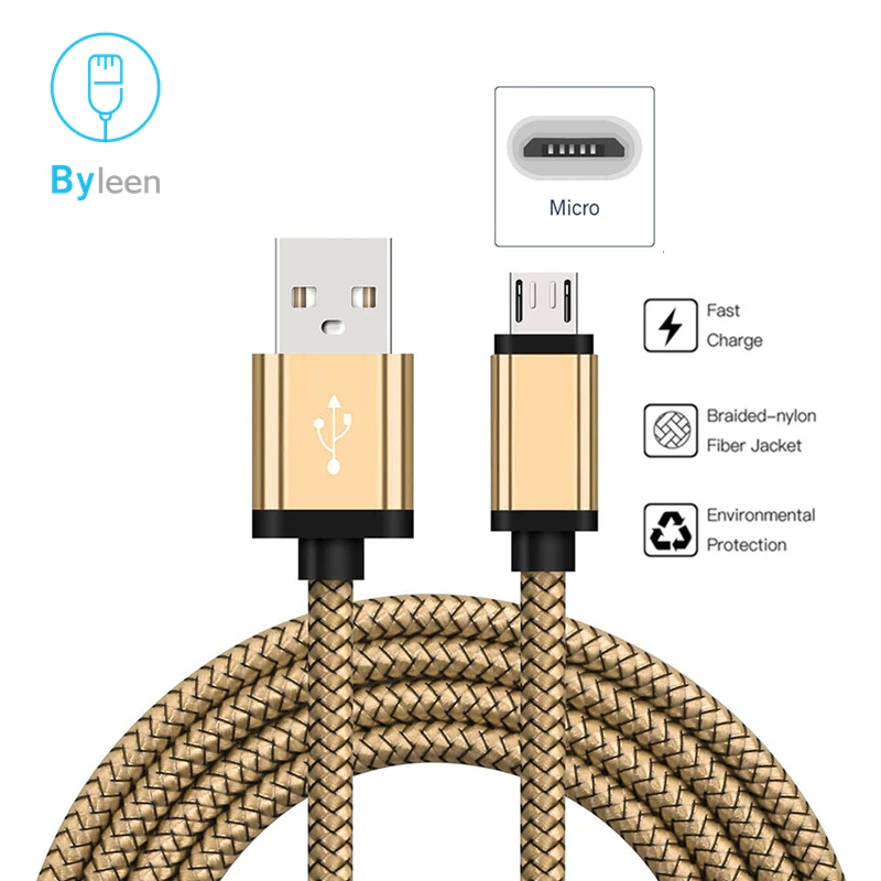 Byleen Micro USB зарядное устройство V8 Быстрый зарядный кабель 0,25 м короткий 1 м 2 м длинный автомобильный заряд для samsung Galaxy S7 S6 S5 S4 S3 PS4 Kindle - Тип штекера: Gold