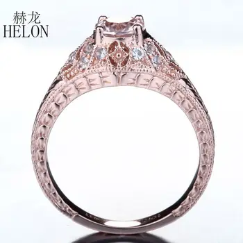 

HELON Solid Real 10K Rose Gold Natural Diamonds Women's Fine Jewelry 6.5mm Round Shape Genuine Morganite Gemstone Ring