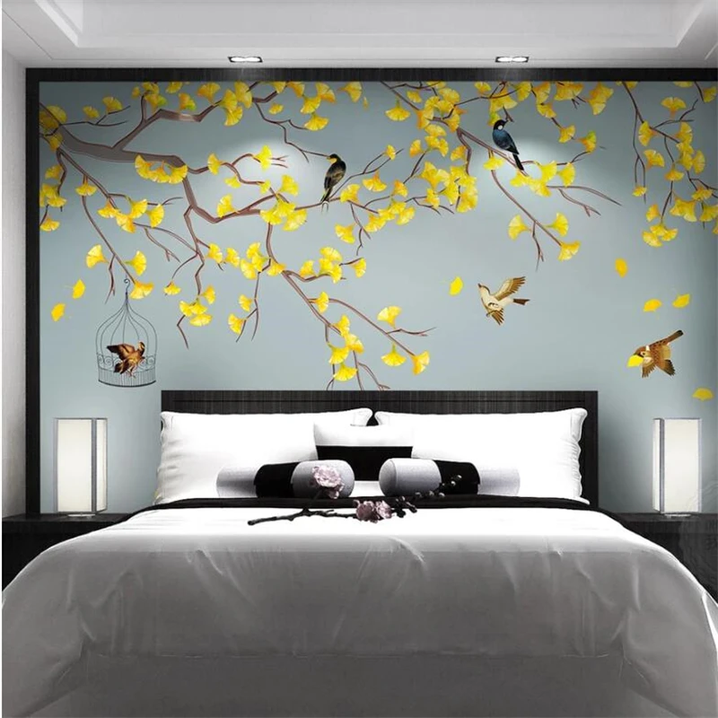

wellyu Custom wallpaper 3D murals ginkgo hand-painted pen and flower new Chinese background wall decoration painting wallpaper