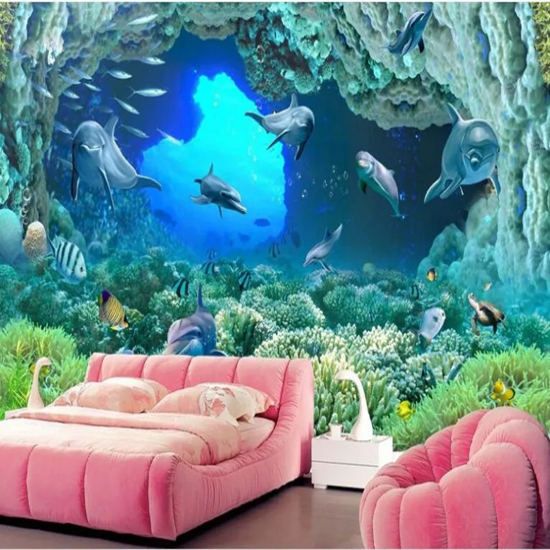 

beibehang Custom large fresco dolphin family super clear seabed coral 3D TV background wall wallpaper papel de parede