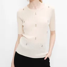 Высокое качество, шерсть, вязаный женский модный пуловер с кристаллами и бисером, свитер с коротким рукавом, бежевый, M/L