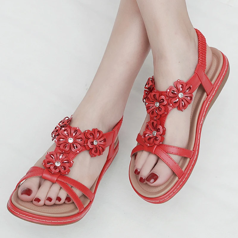 

Flowers Woman Sandals Elastic Band Women Shoes Gladiator Flat Sandals Roman Beach Shoes Plus Size Summer Shoes Tenis Feminino