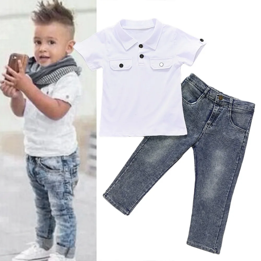 Boys Summer denim Clothing Set boys clothing short sleeve T shirt + Jeans pant 2 pcs boy clothes