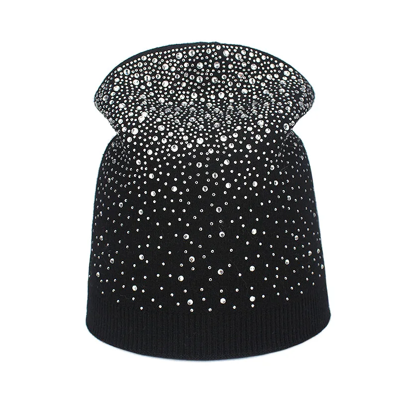 Для женщин со стразами шапочки алмаз Hat однотонные вязаные Skullies В Капот Кепки S женские зимние Вязание Шапки женский Кепки