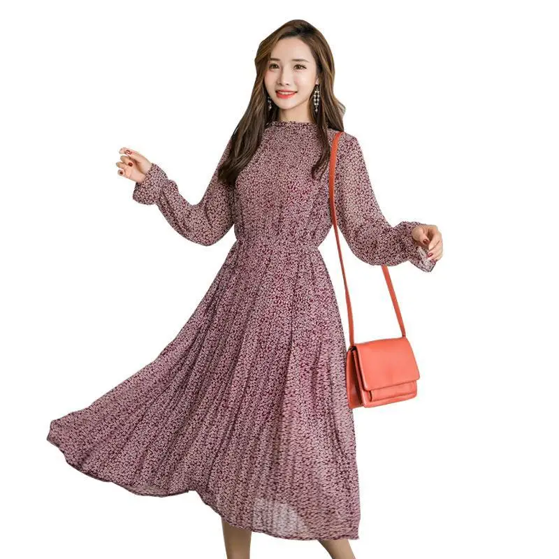 

Elegant Stand Collar Mid-calf Dresses Full Sleeve Floral Print Elastic Slim Waist Chiffon Vestidos Spring Summer A-line Dress